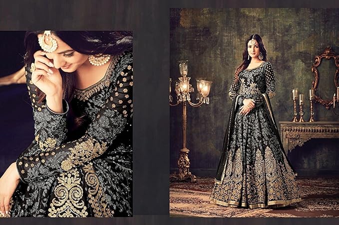 Jureto Women's Faux Georgette Semi Stitched Top with Stitched Faux Georgette Bottom and Faux Georgette Dupatta Embroidered Straight Kurta Dress
