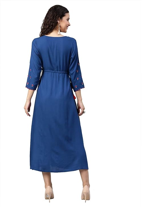 Yash Gallery Women's Dobby Rayon Embroidered A-Line Dress for Women