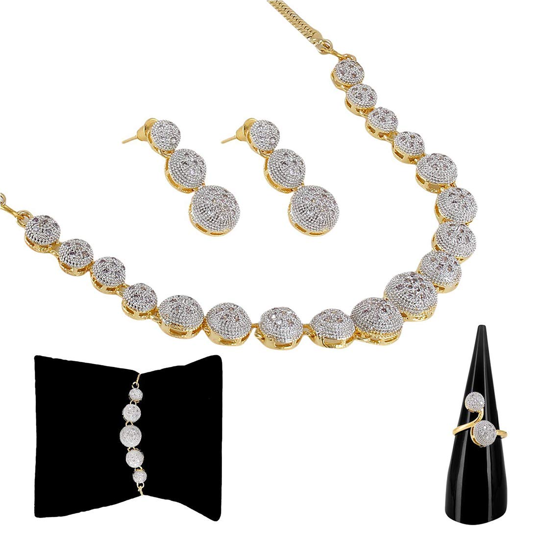 ZENEME Jewellery Set for Women American Diamond Combo of Necklace Set with Earrings, Bracelet and Ring for Girls and Women