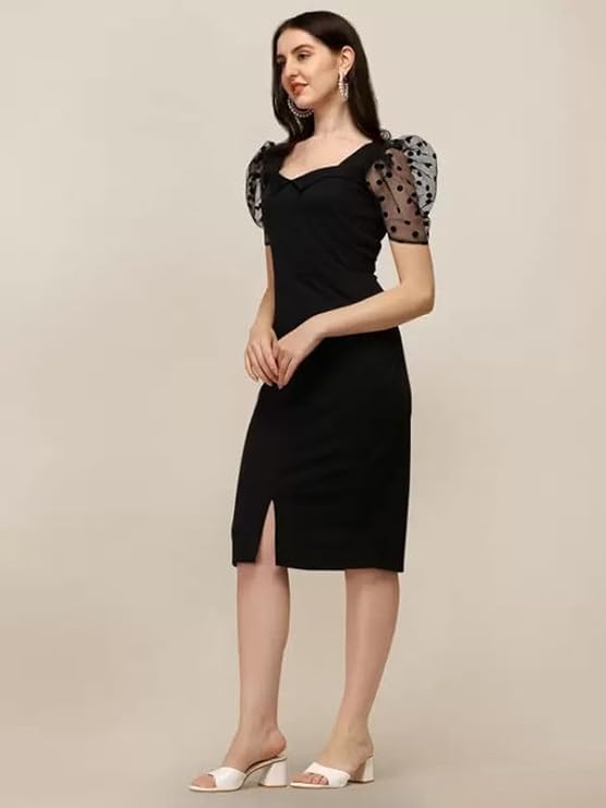 SIRIL Women's Lycra Black One Piece Dresses |Knee-Length Dress | Bodycon Western Dress for Women| Girl's Short Dress