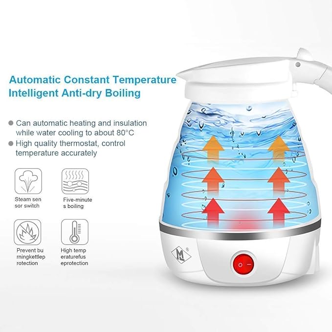 CLEMATIS Travel Foldable Electric 600ML Kettle Food Silicone Automatic Power off Insulation Storage Portable with Boil Dry Protection for Travelling, Office and Home Use (Multicolor)