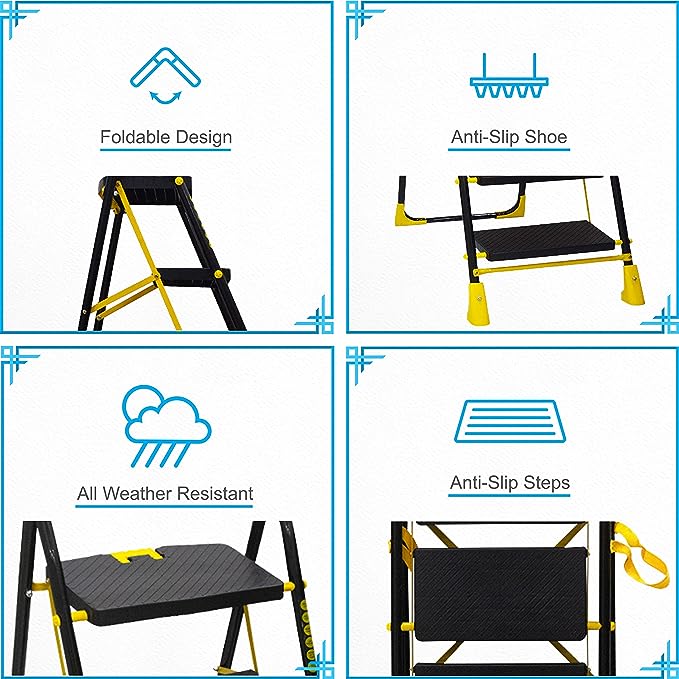 TRENDY Cameo 4 Step Heavy Duty Foldable Metal Step Ladder with Anti-Skid Shoes and Extra Strong Wide Steps (Yellow and Black)