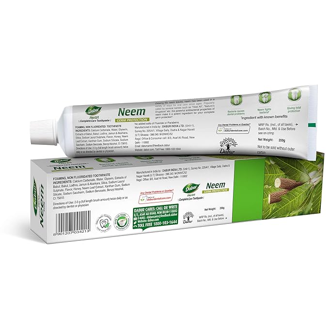 Dabur Herb'l Neem Germ Protection Toothpaste - 200g | No Added Flourides & Parabens | Neem Fights Bacteria | Potent for Germ Protection | Enriched With Powerful Natural Ingredients