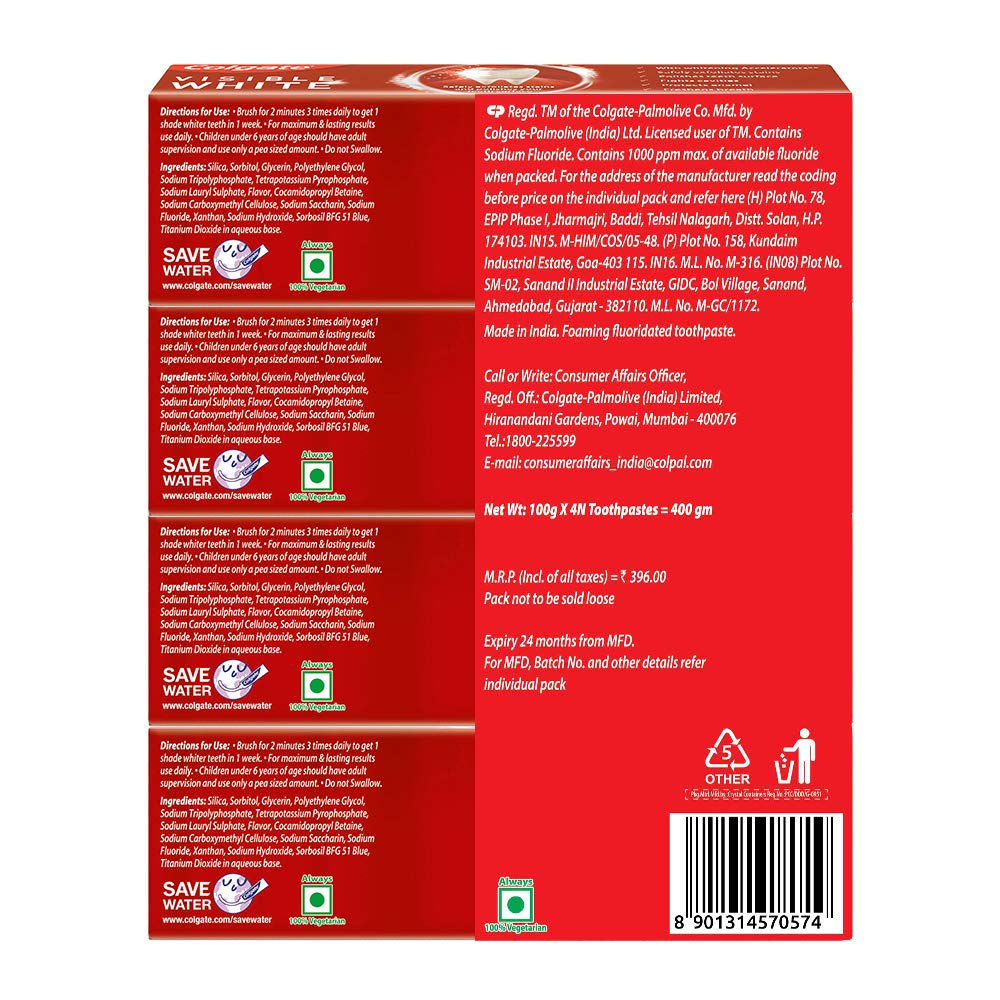 Colgate Visible White 400g (100g x Pack of 4) Teeth Whitening Toothpaste, with Whitening Accelerators for noticeably whiter teeth starting in 1 week. Stain Removal and Minty Flavour for Fresh Breath
