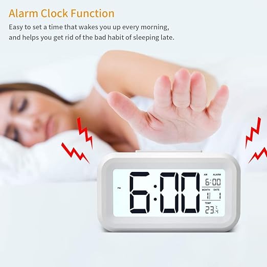 Digital Alarm Clock,Battery Operated Small Desk Clocks,with Date,Indoor Temperature,Smart Night Light,LCD Electronic Clock for Bedroom Home Office - White