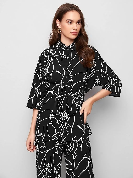 GRECIILOOKS Women Co Ord Set| Collared Self Belted Allover Print| Half Sleeve Shirt| Straight Shirt with Belt| Women Two-Piece Outfits| Summer Wear| Outdoor Wear