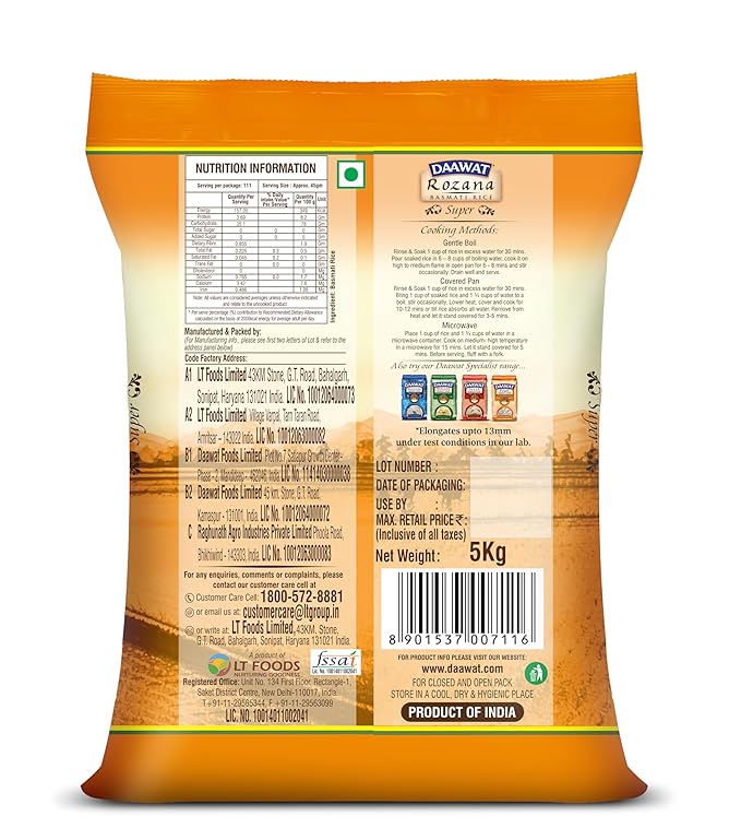 Daawat Rozana Super, Naturally Aged, Rich Aroma,Perfect Fit for Everyday Consumption Basmati Rice, 5 Kg