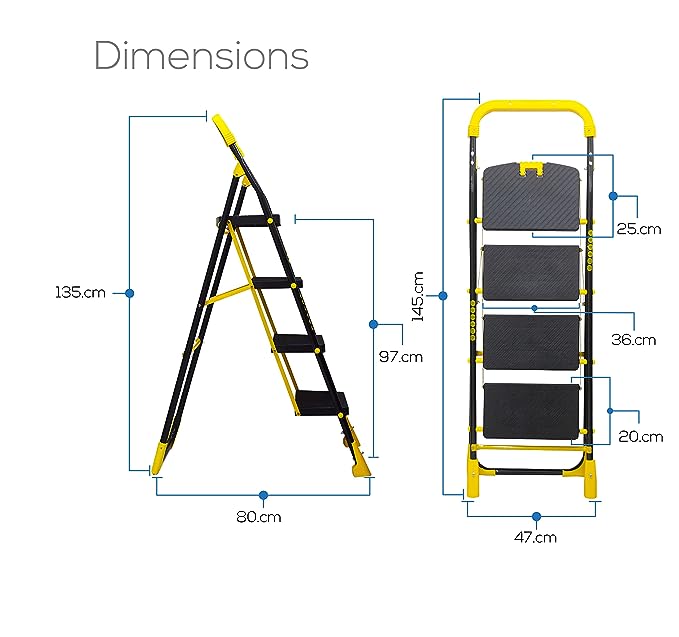 TRENDY Cameo 4 Step Heavy Duty Foldable Metal Step Ladder with Anti-Skid Shoes and Extra Strong Wide Steps (Yellow and Black)