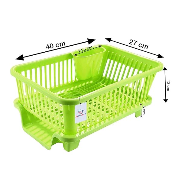 Heart Home 3 in 1 Large Durable Plastic Kitchen Sink Dish Rack Drainer Drying Rack Washing Basket (Green)-HEART10740