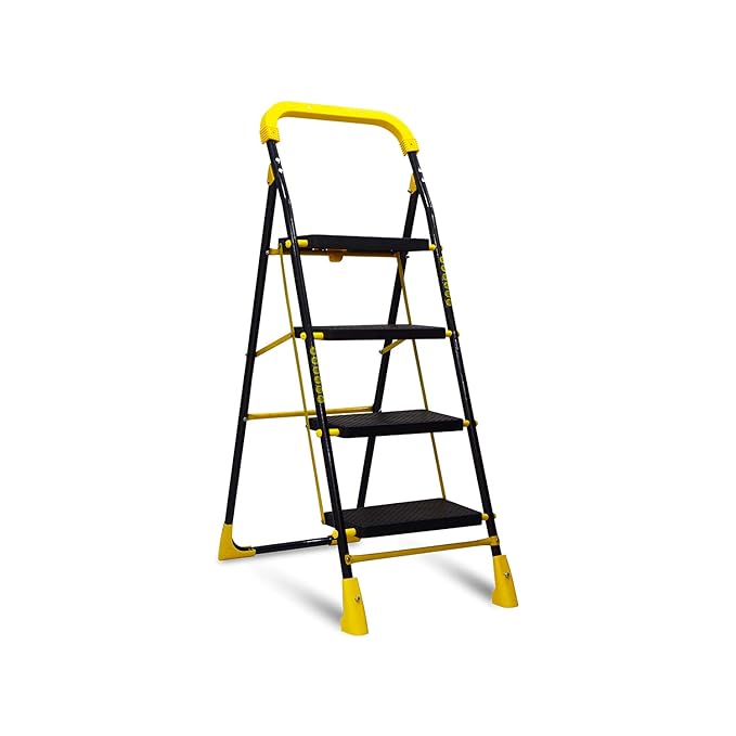 TRENDY Cameo 4 Step Heavy Duty Foldable Metal Step Ladder with Anti-Skid Shoes and Extra Strong Wide Steps (Yellow and Black)