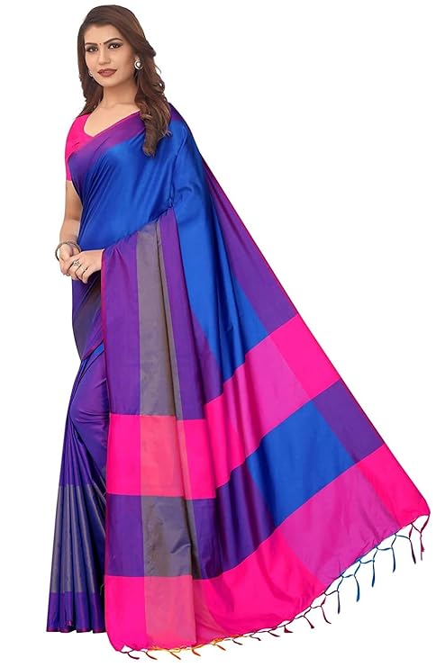 DHRUVI TRENDZ Women's Banarasi Cotton Silk Saree With Blouse Piece (Dt-S1532_Blue_One Size_Dark Blue)