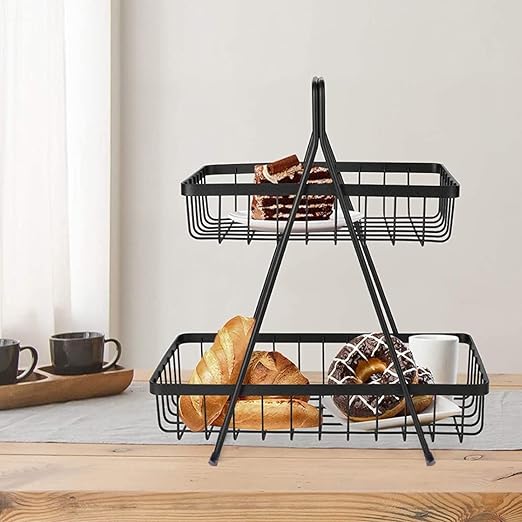 Plantex High Grade Steel 2-Tier Fruit & Vegetable Basket for Dining Table/Kitchen (Black)