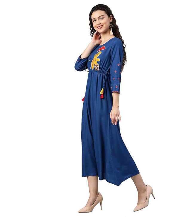 Yash Gallery Women's Dobby Rayon Embroidered A-Line Dress for Women