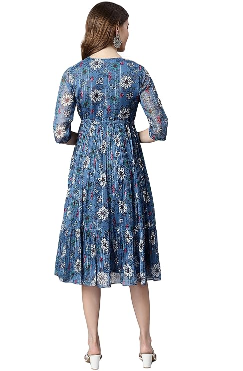 Janasya Women's Blue Poly Georgette Floral Flared Western Dress