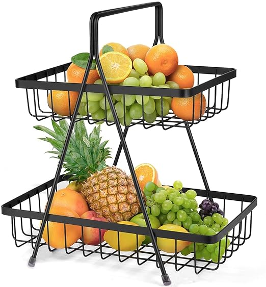 Plantex High Grade Steel 2-Tier Fruit & Vegetable Basket for Dining Table/Kitchen (Black)