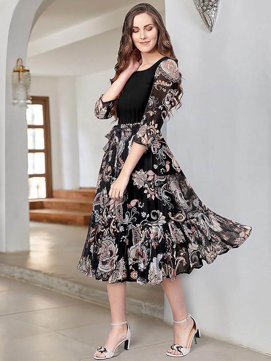KERI PERRY Dresses for Women, Western Dresses for Women, Dress for Women, Dresses for Women, Midi Dress for Women, Chiffon Western Dress, Black Colour Western Dress