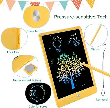 Proffisy LCD Writing Tablet, 10 inch Multicolor E-Note Pad for Kids Adults Drawing, Learning, Playing, Portable Handwriting Electronic Board for Home School Outdoor (Yellow)