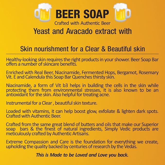 Simply Vedic Luxury Cold Pressed Beer Soap Bar| Deep Moisturizing, Pore Cleansing, Soft Youthful Skin| for Hand, Face, Body| Bathing Soap Infused with Essential Oil, Gift Set for Men Women, 115 grams