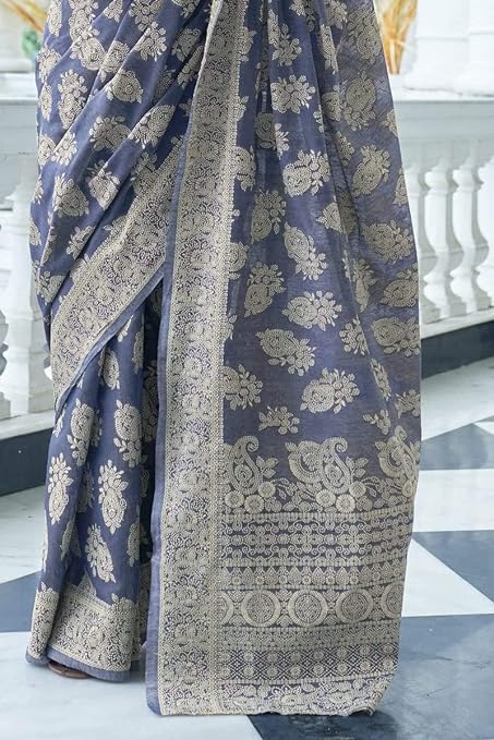 SWORNOF Women's Lucknowi Chikankari Linen cotton Woven Sarees For Women with Blouse sarees for Women