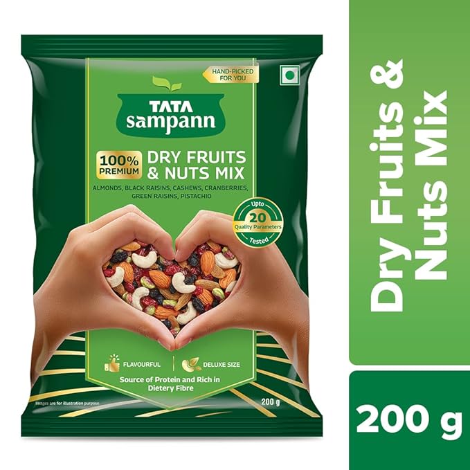 Tata Sampann Dry Fruits & Nuts Mix (Contains Almonds, Black Raisins, Cashews, Cranberries, Green raisins, and Pistachio kernels), Premium Hand-picked Dry Fruits & Nuts, up to 20 Quality Parameters Tested, 200 g