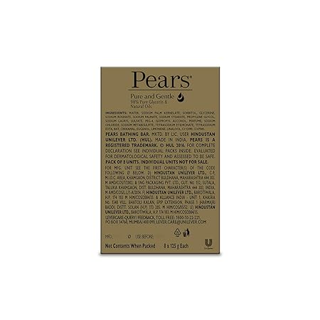 Pears Pure & Gentle Soap Bar (Combo Pack of 8) - With Glycerin for Soft, Glowing Skin & Body, Paraben-Free Body Soaps For Bath Ideal for Men & Women