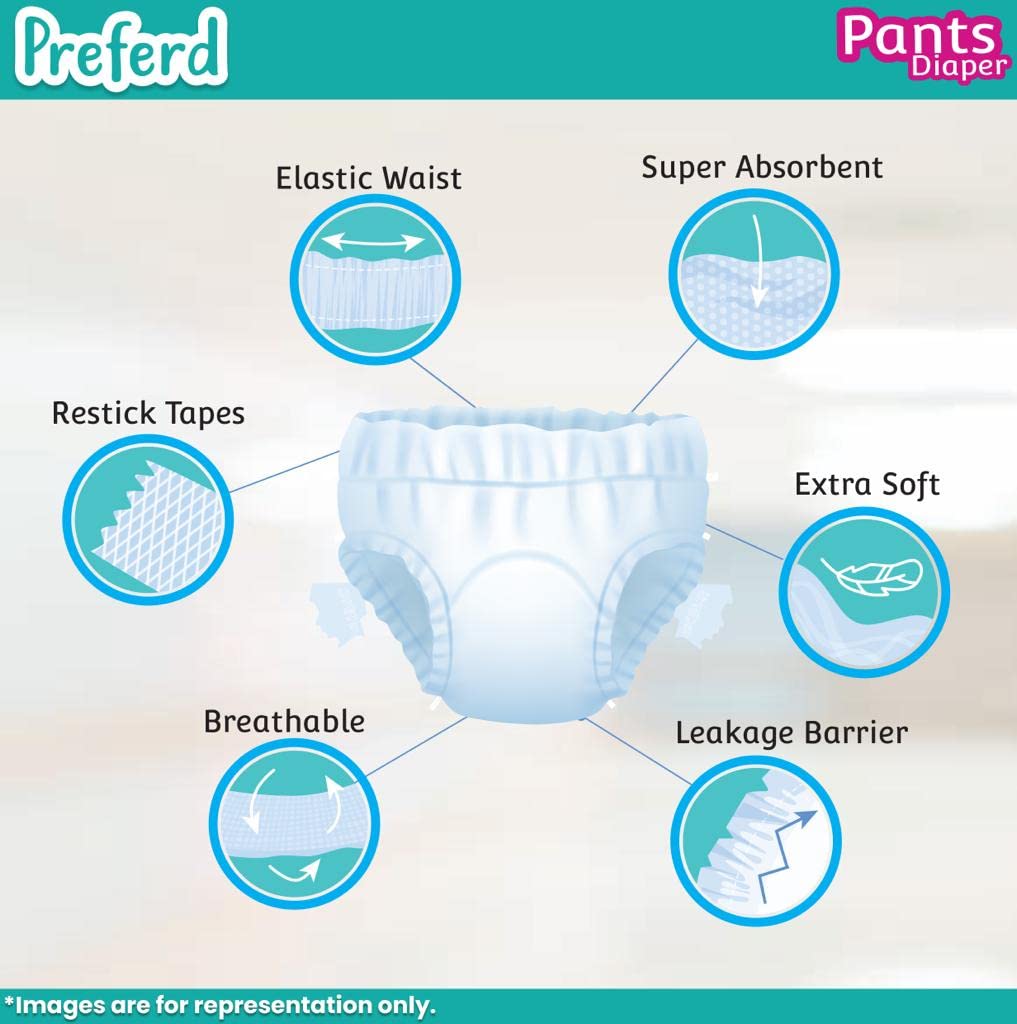 Preferd Baby Diapers Pants Extra Dry, Soft Elastic Waist Grip, Super Absorbent, Up to 12 Hrs. Protection (Pack of 1, 40 Counts) | 8KG Upto 14Kg | Size - Large (L) |