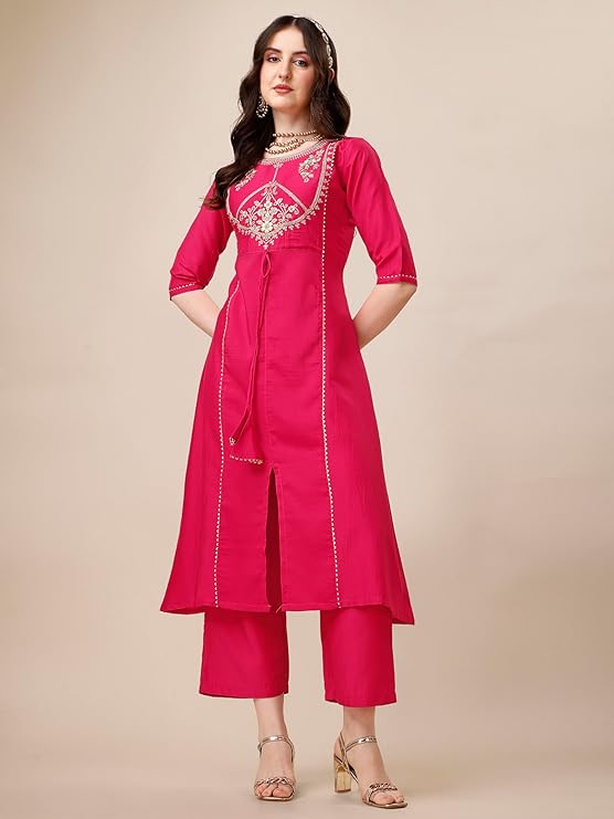 EthnicJunction Women's Chinon Embroidered Straight Front Slit Kurta Palazzo & Organza Dupatta Set