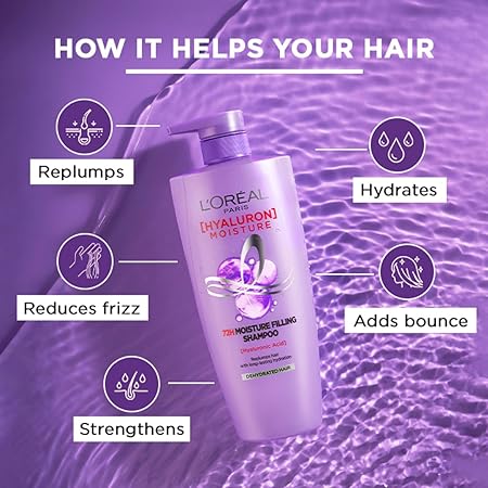 L'Oreal Paris Moisture Filling Shampoo, With Hyaluronic Acid, For Dry & Dehydrated Hair, Adds Shine & Bounce, Hyaluron Moisture 72H, 1L