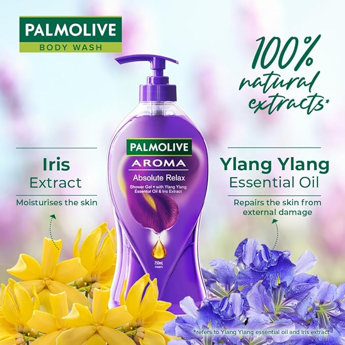 Palmolive Iris Flower & Ylang Ylang Essential Oil Aroma Absolute Relax Body Wash I Moisturizing | Soft & Youthful skin I No paraben & silicone, pH balanced, Body Wash 750ml