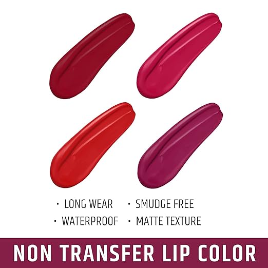 HUDACRUSH Beauty Set of 4 Liquid Matte Mini Lipsticks, Red Edition - Long Lasting & Waterproof Lipstick Combo Pack Of Red, Deep Red, Wine & Pink Shades for Women