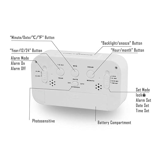 Digital Alarm Clock,Battery Operated Small Desk Clocks,with Date,Indoor Temperature,Smart Night Light,LCD Electronic Clock for Bedroom Home Office - White