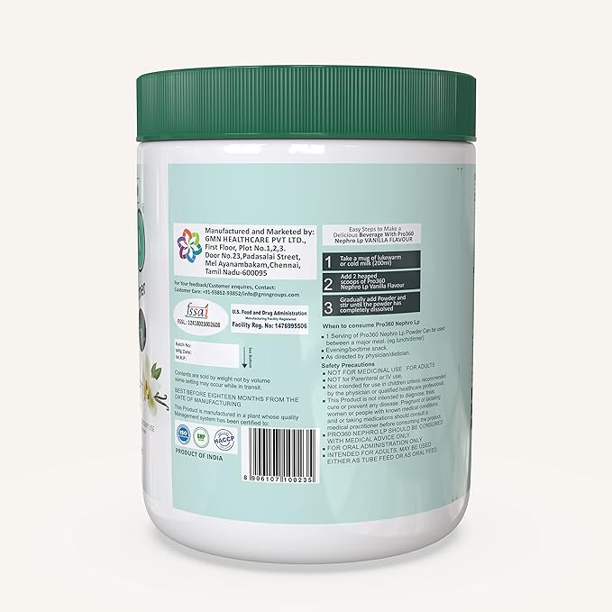 Pro360 Nephro LP Non-Dialysis Care Nutritional Supplement Powder - Low Protein, High Fat Formula Enriched with L-Taurine, L-Carnitine for Kidney/Renal Health, No Added Sugar – Vanilla Flavour 400g