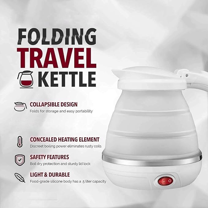 CLEMATIS Travel Foldable Electric 600ML Kettle Food Silicone Automatic Power off Insulation Storage Portable with Boil Dry Protection for Travelling, Office and Home Use (Multicolor)