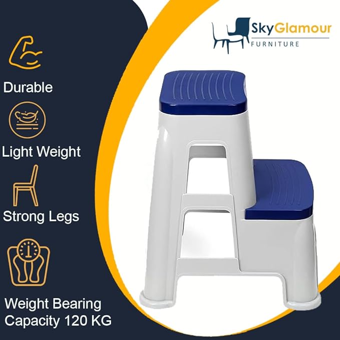SKYGLAMOUR Plastic 2-Step Stool for Home | Office&Kitchen Use with Weight Bearing Capacity of 120 Kg |2 Step Stool for Home| Color: Blue; Pack of 1