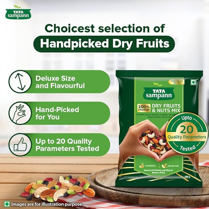 Tata Sampann Dry Fruits & Nuts Mix (Contains Almonds, Black Raisins, Cashews, Cranberries, Green raisins, and Pistachio kernels), Premium Hand-picked Dry Fruits & Nuts, up to 20 Quality Parameters Tested, 200 g