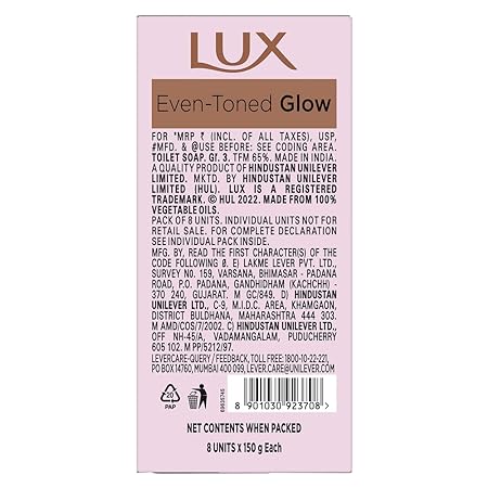Lux Even-Toned Glow Bathing Soap infused with Vitamin C & E For Superior Glow Offer Pack of 8 x 150g