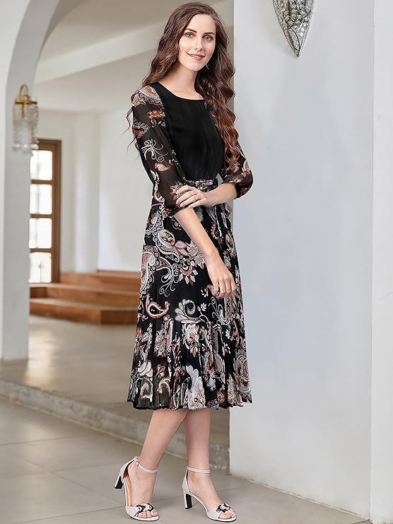 KERI PERRY Dresses for Women, Western Dresses for Women, Dress for Women, Dresses for Women, Midi Dress for Women, Chiffon Western Dress, Black Colour Western Dress