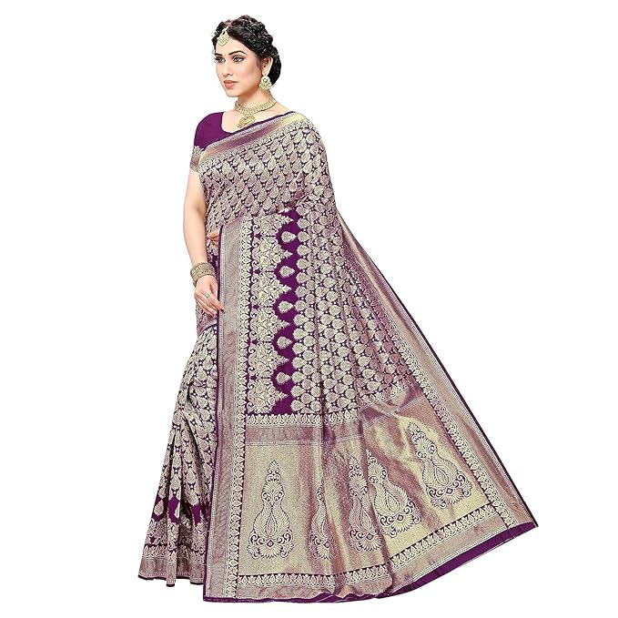 Yashika Women's Trendy Banarasi Kanjivaram Navy Color Art Silk Saree with Blouse Material