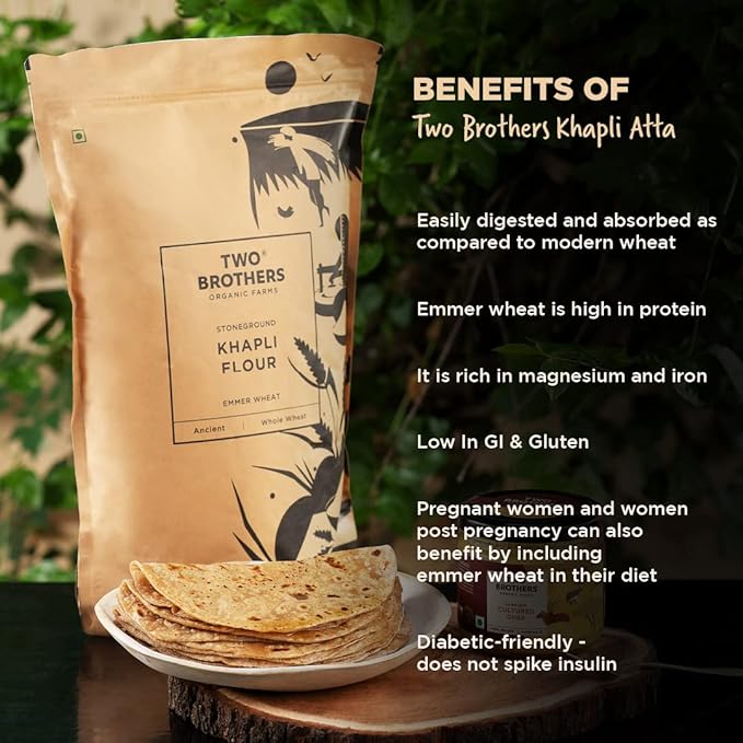 Two Brothers Organic Farms - Khapli Wheat Flour (5kg) | Wheat Flour | High Dietary Fiber for Easy Digestion | Stoneground Emmer Wheat Flour | Khapli Atta