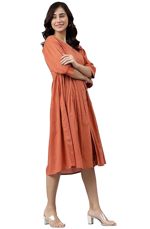 Janasya Women's Coral Orange Cotton Solid Flared Dress