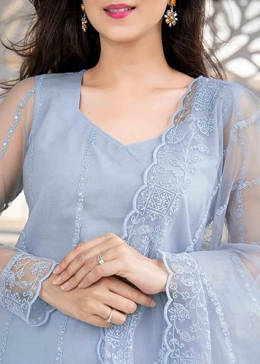 Bollyclues Women's Net Embroidered Readymade Salwar Suit Set