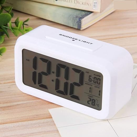 Digital Alarm Clock,Battery Operated Small Desk Clocks,with Date,Indoor Temperature,Smart Night Light,LCD Electronic Clock for Bedroom Home Office - White