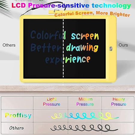 Proffisy LCD Writing Tablet, 10 inch Multicolor E-Note Pad for Kids Adults Drawing, Learning, Playing, Portable Handwriting Electronic Board for Home School Outdoor (Yellow)