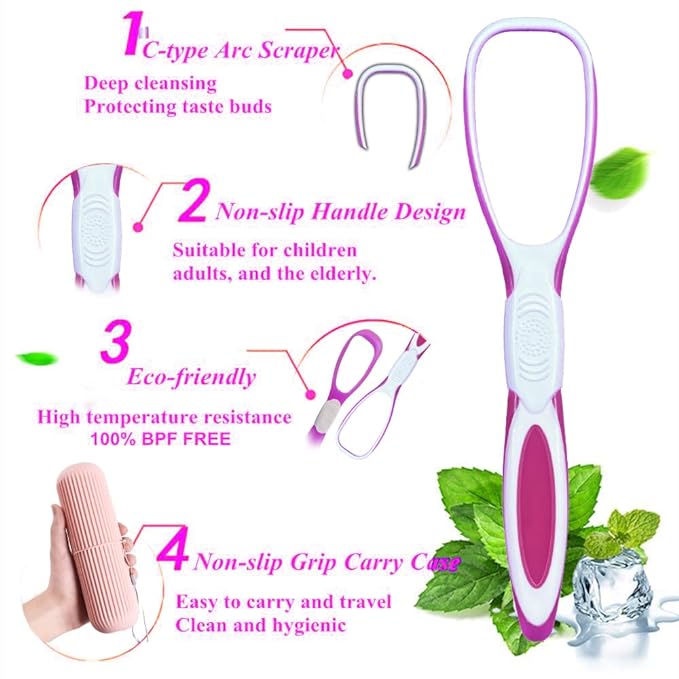Deriz 4 Pcs Soft Double Action Tongue Cleaner Scrapper For Kids and Adults With Travel Capsule Plastic Tooth brush paste holder flexible design for health, Oral care tool Easy To use - Pack of 4