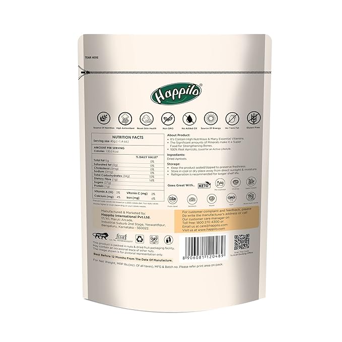 Happilo Dried Premium Turkish Apricots 200 g | Vegan, Sun Dried Apricots | Gluten Free & Sodium Free | Add in your Healthy Recipes