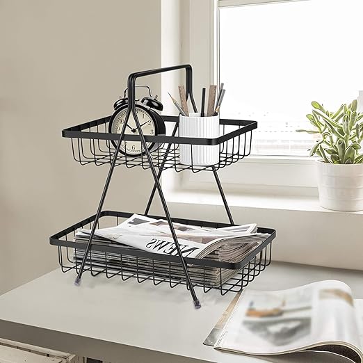 Plantex High Grade Steel 2-Tier Fruit & Vegetable Basket for Dining Table/Kitchen (Black)