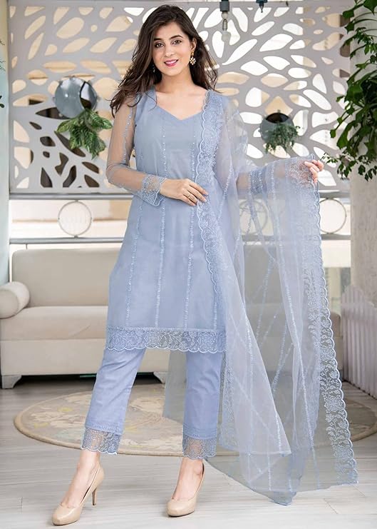 Bollyclues Women's Net Embroidered Readymade Salwar Suit Set
