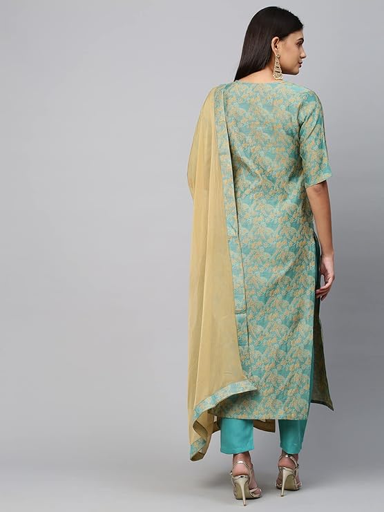ANNI DESIGNER Women's Banarasi Silk Straight Printed Kurta with Pant & Dupatta (Banarsi-see)