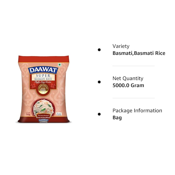 Daawat Super, Perfectly Aged, Long Grain with Rich Aroma Basmati Rice, 5 Kg