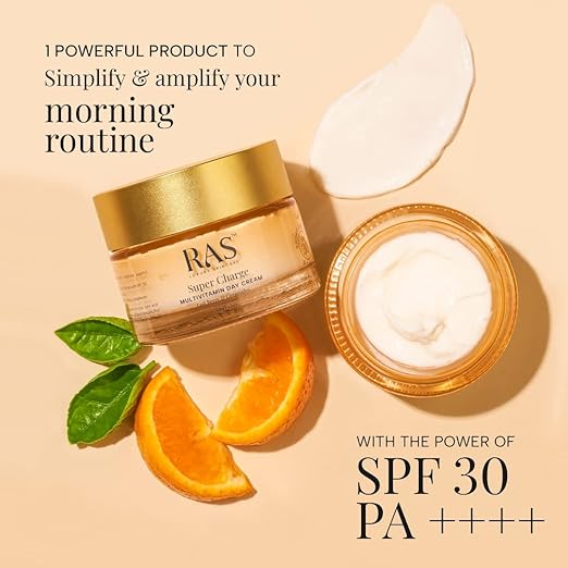 Ras Luxury Oils Super Charge Day Cream with Multivitamin SPF 30 PA++++ Reduces Dark Spots & Pigmentation Moisturizer for Glowing Skin with 72HR Hydration, Ceramides & Protection from UVA & UVB